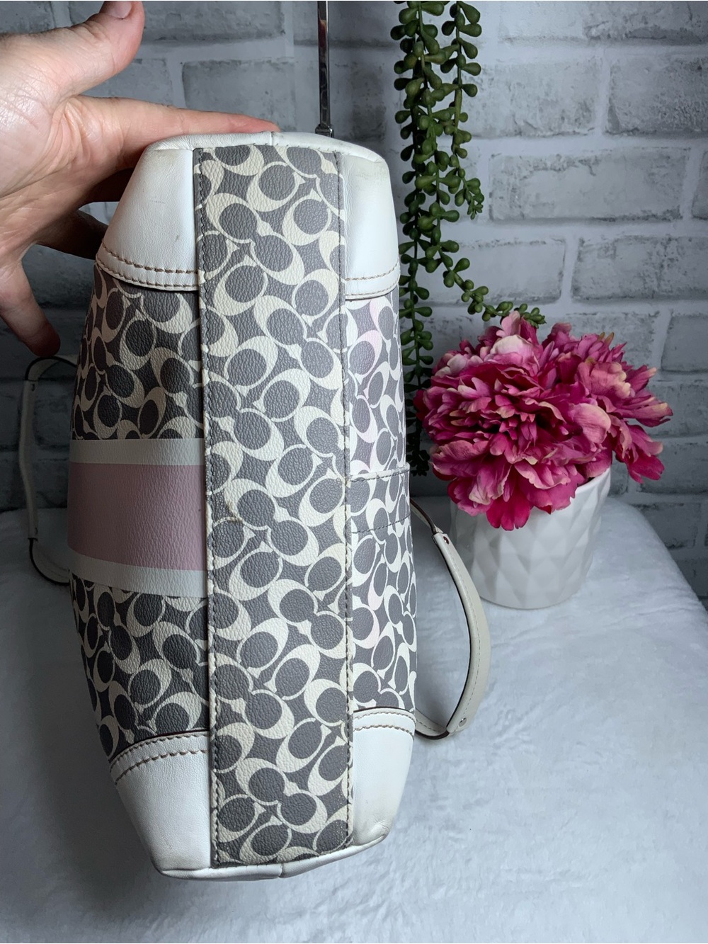 Coach Gray Signature Tote with Pink Center Stripe - Picture 7 of 13